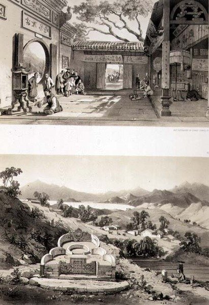 Innenansicht des Großen Tempels in Macao und ein Grab und Dorf zwischen den Buchten von Hongkong und Kowloon, Tafeln 8 und 7 aus 