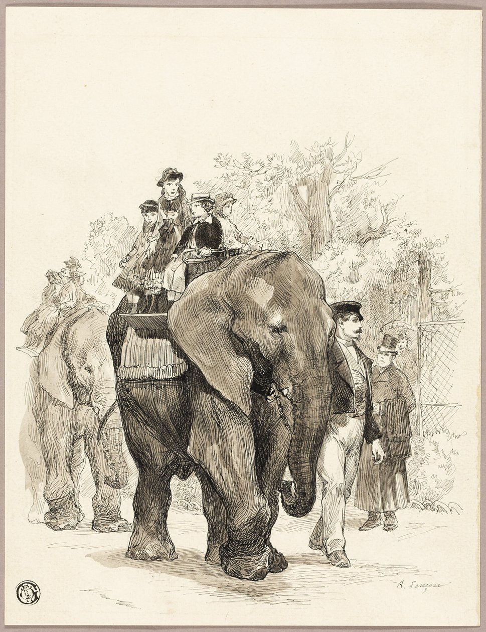 Elefant mit Reitern im Jardin des Plantes, Paris von Auguste Andre Lancon