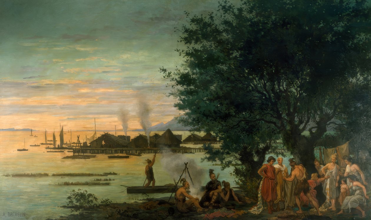 Pfahlbaudorf aus der Bronzezeit von Auguste Bachelin