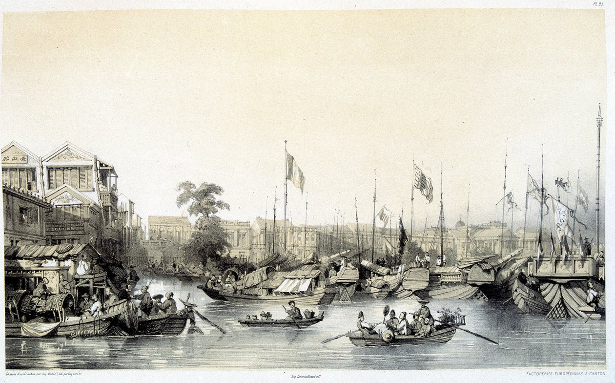 Europäische Faktoreien in Kanton - in „China and the Chinese“, Zeichnungen von Auguste Borget und Lithografien von Eugène Cicéri von Auguste Borget