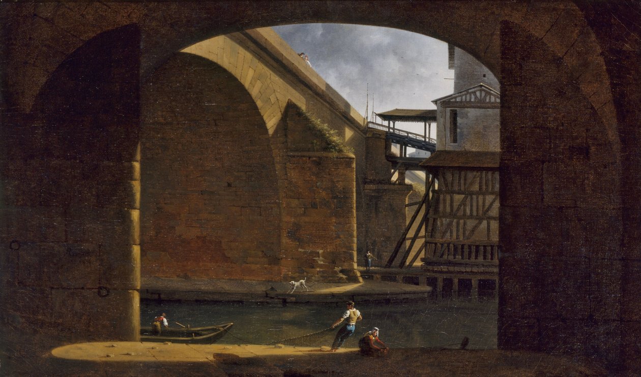 Le Pont et la Pompe Notre-Dame, vus de la voûte du quai de Gesvres, en 1816 von Auguste Jacques Regnier