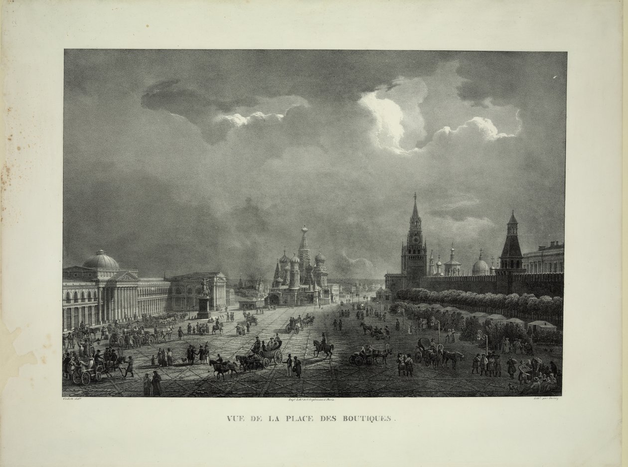 Obere Handelsreihen am Roten Platz in Moskau, um 1830 von Auguste Jean Baptiste Antoine Cadolle