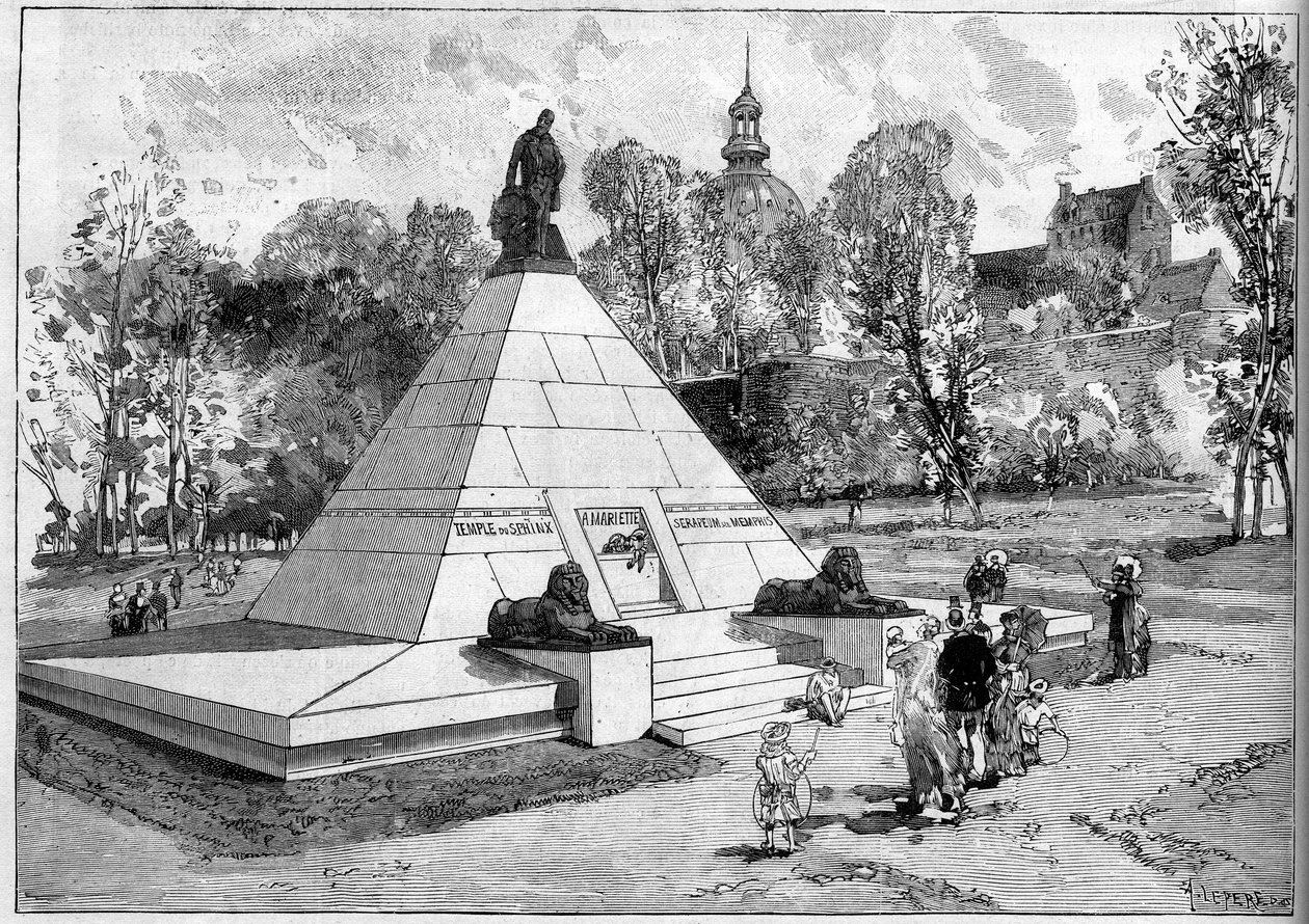 Ansicht des Denkmals zu Ehren des französischen Ägyptologen Auguste-Edouard Mariette (1821-1881) in Boulogne-sur-Mer, Pas-de-Calais (62). Gravur von Lepere in „Le Monde Illustré“ Nr. 1322 vom 29. Juli 1882. von Auguste Lepere
