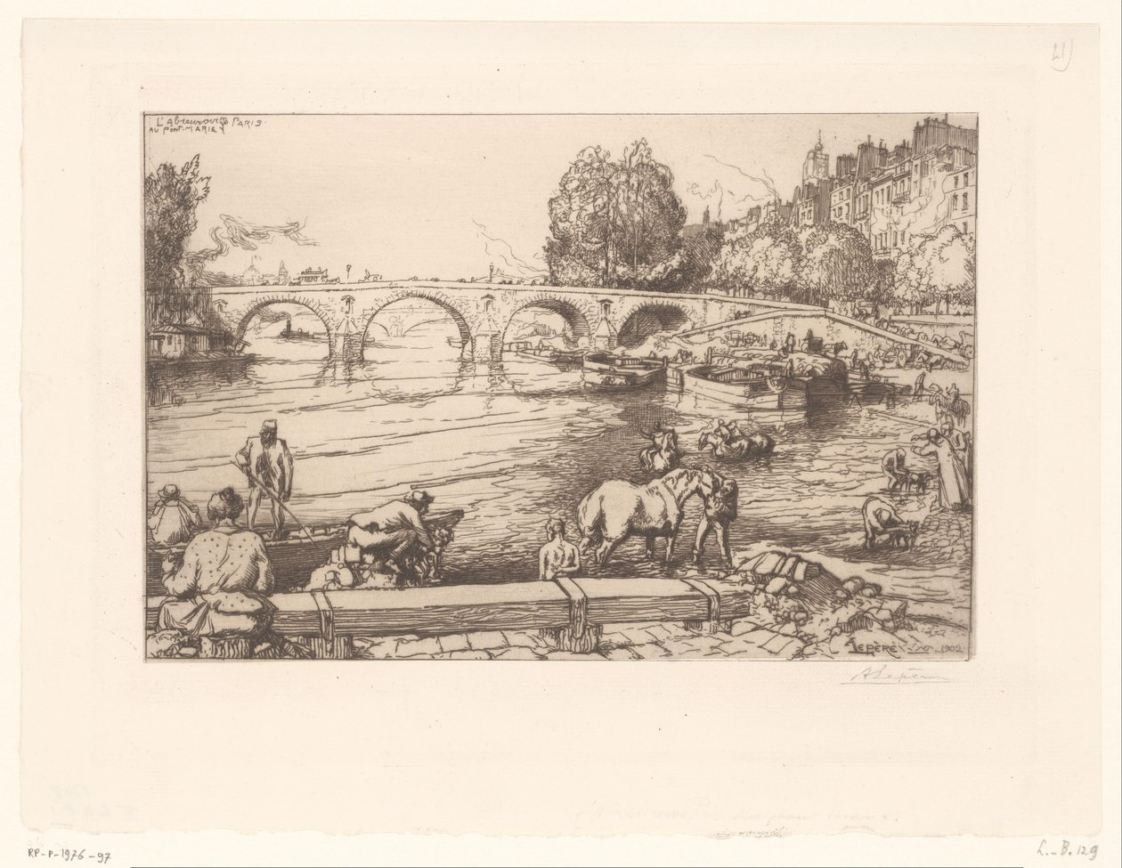 Blick auf die Pont Marie mit Figuren in der Seine von Auguste Lepère (signed by artist)