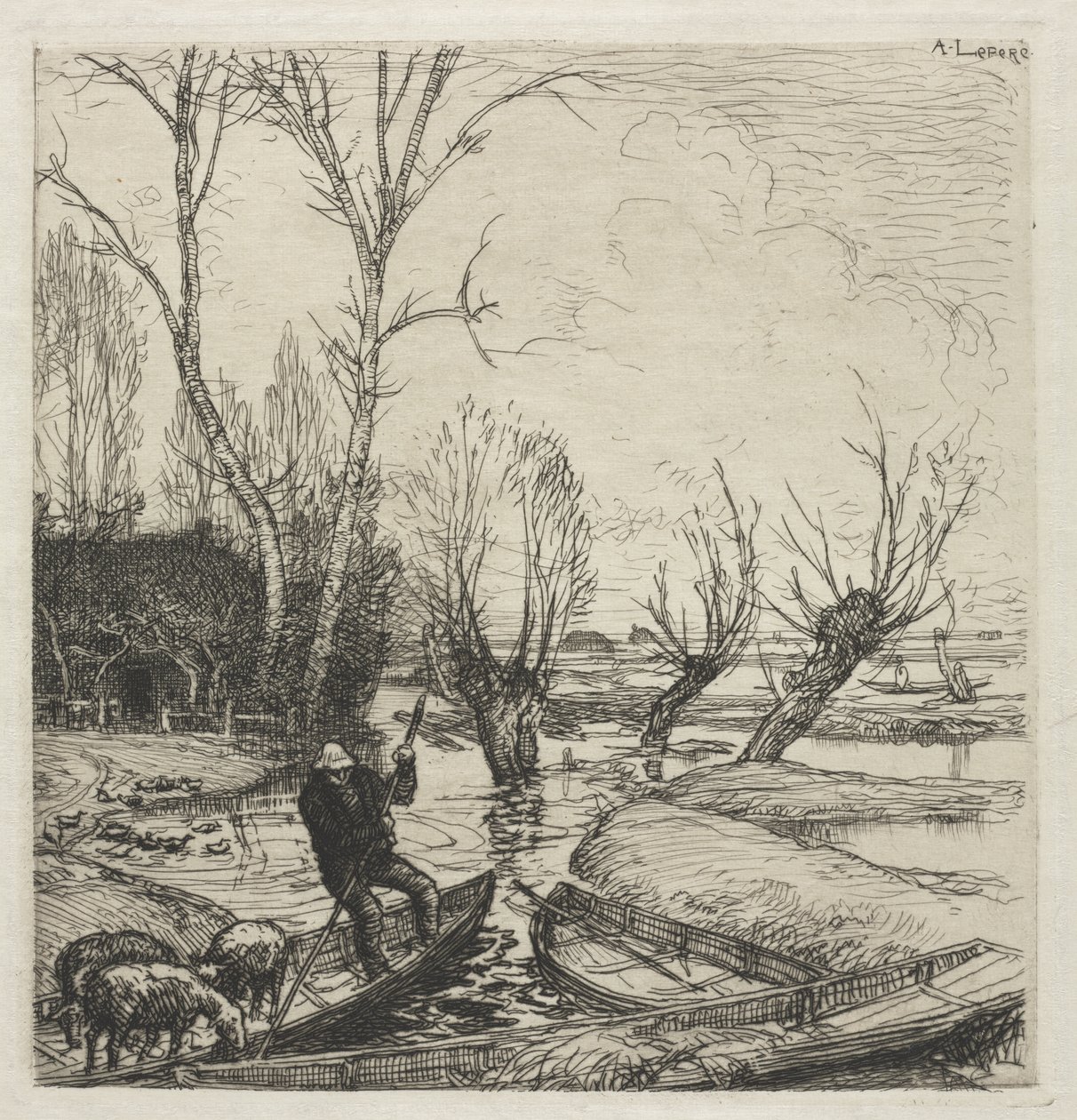 [Mann in einem Boot mit drei Schafen] von Auguste Louis Lepère