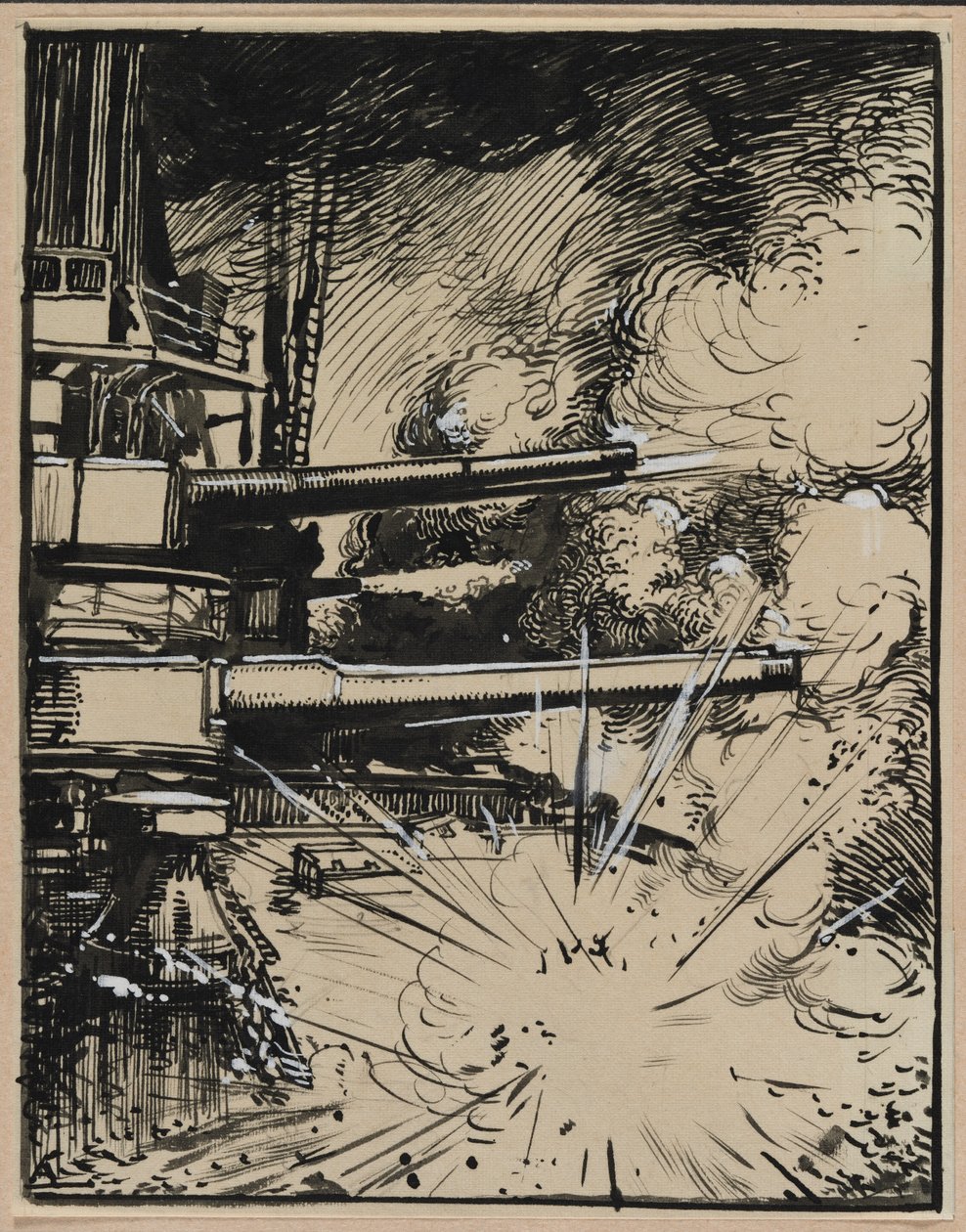 Bombe explodiert auf einem gepanzerten Schiff mit gezogenen Kanonen, 1914 von Auguste Louis Lepère