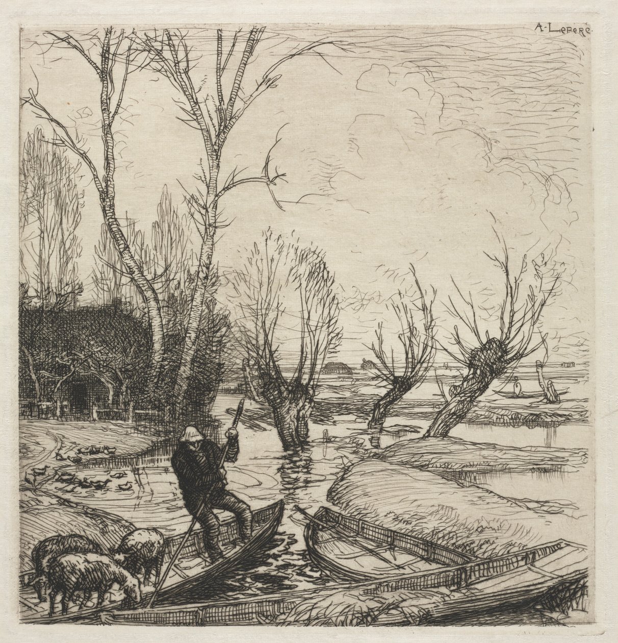 [Mann in einem Boot mit drei Schafen] von Auguste Louis Lepère