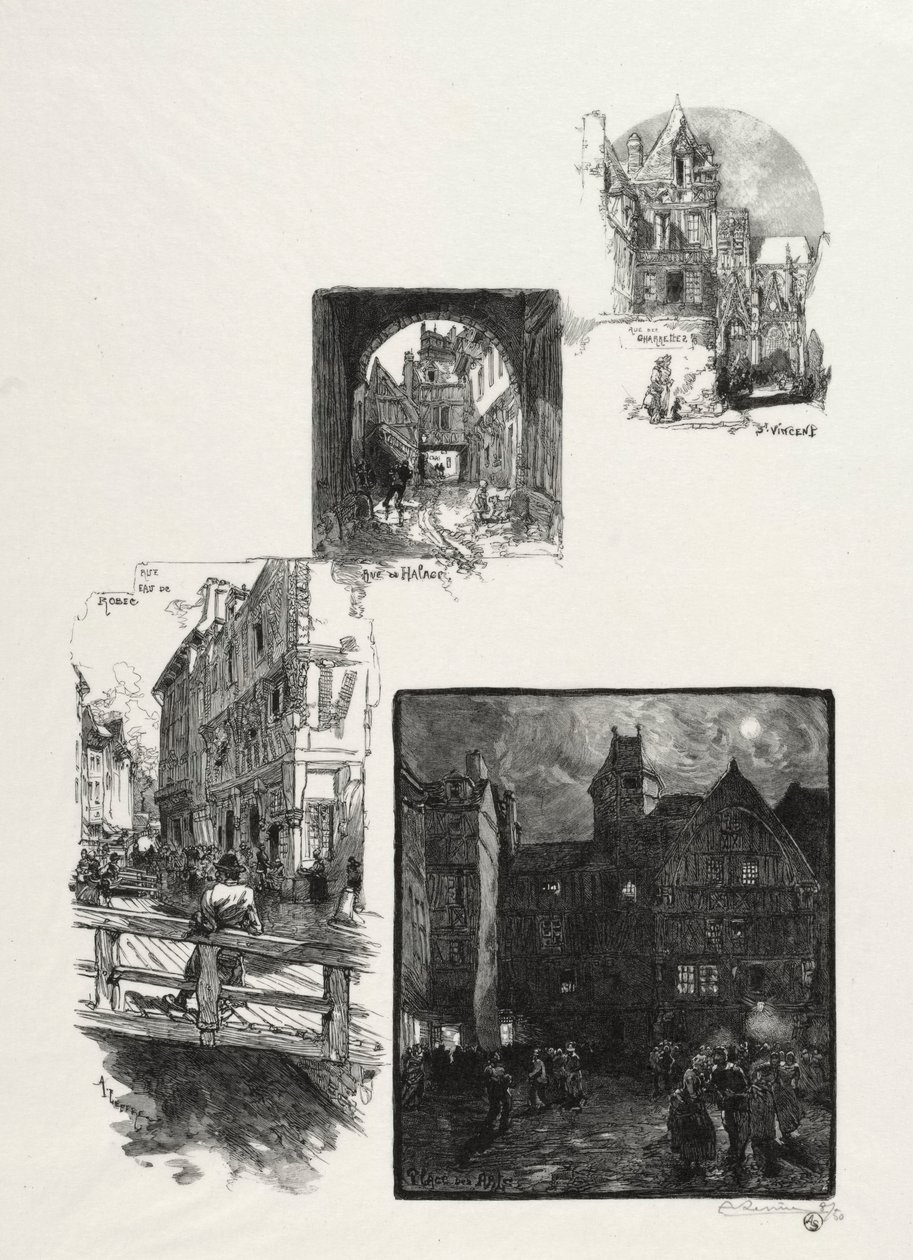 Rouen Illustré: Rue des Charretes; Rue de Halage; Rue Eau de Robec; Place des Arts von Auguste Louis Lepère