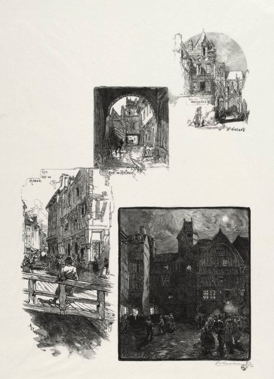 Rouen Illustré: Rue des Charretes, Rue de Halage, Rue Eau de Robec, Place des Arts, 1896 von Auguste Louis Lepère