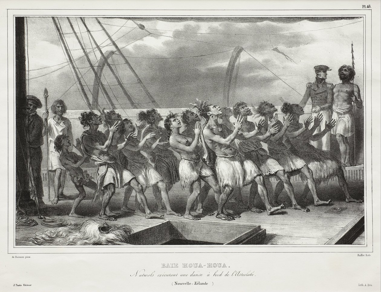 Baie Houa-Houa, Eingeborene führen einen Haka an Bord der Astrolabe aus (Neuseeland) von Auguste Raffet