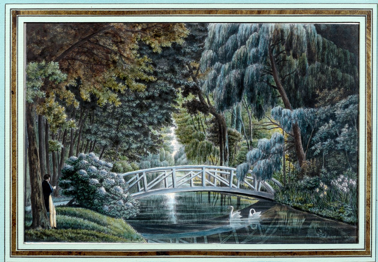 Ansicht der Holzbrücke über den Fluss links vom Schloss Malmaison von Auguste Simon Garneray
