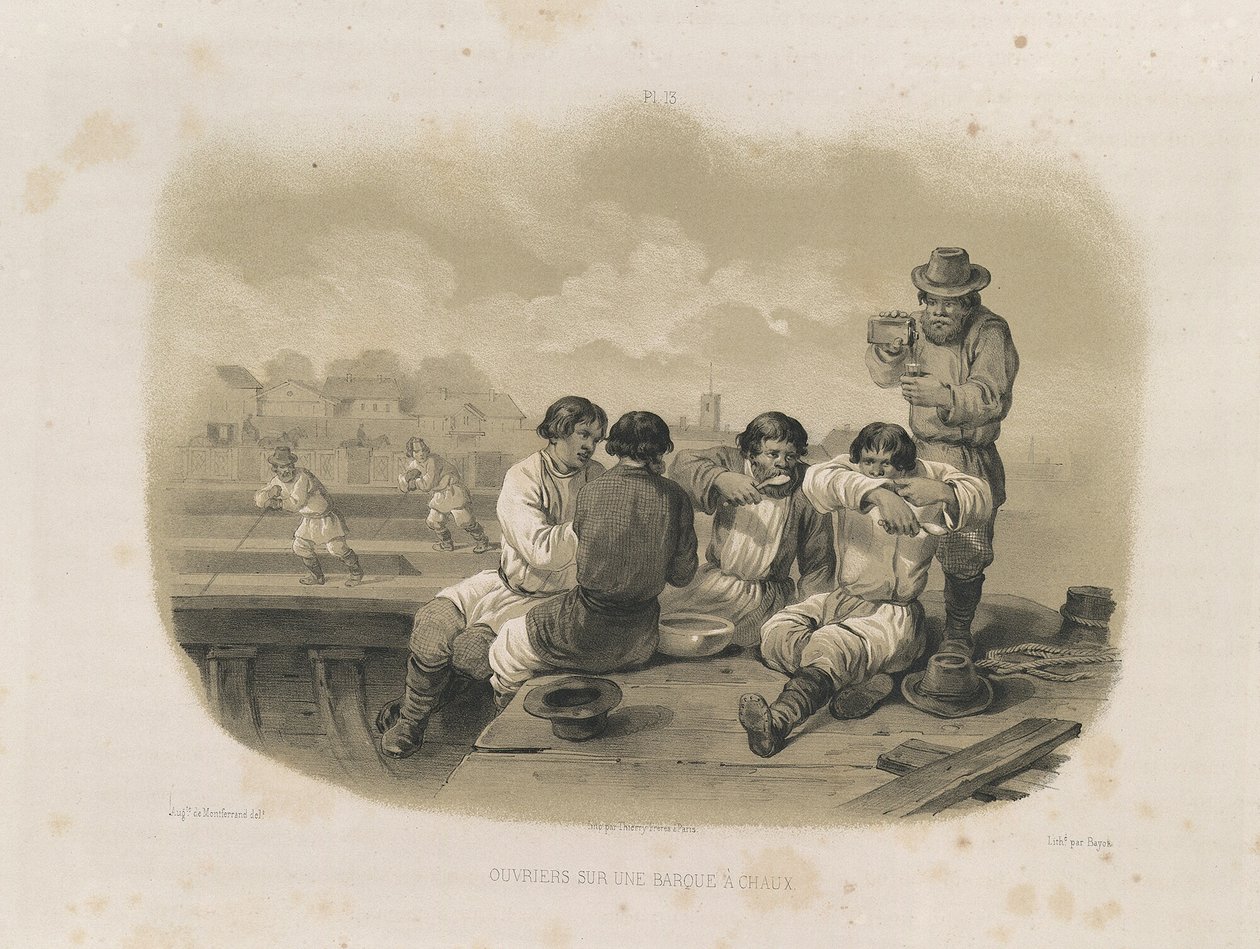 Bauarbeiter auf einem Boot aus: Der Bau der Isaakskathedrale, 1845 von Auguste de Montferrand