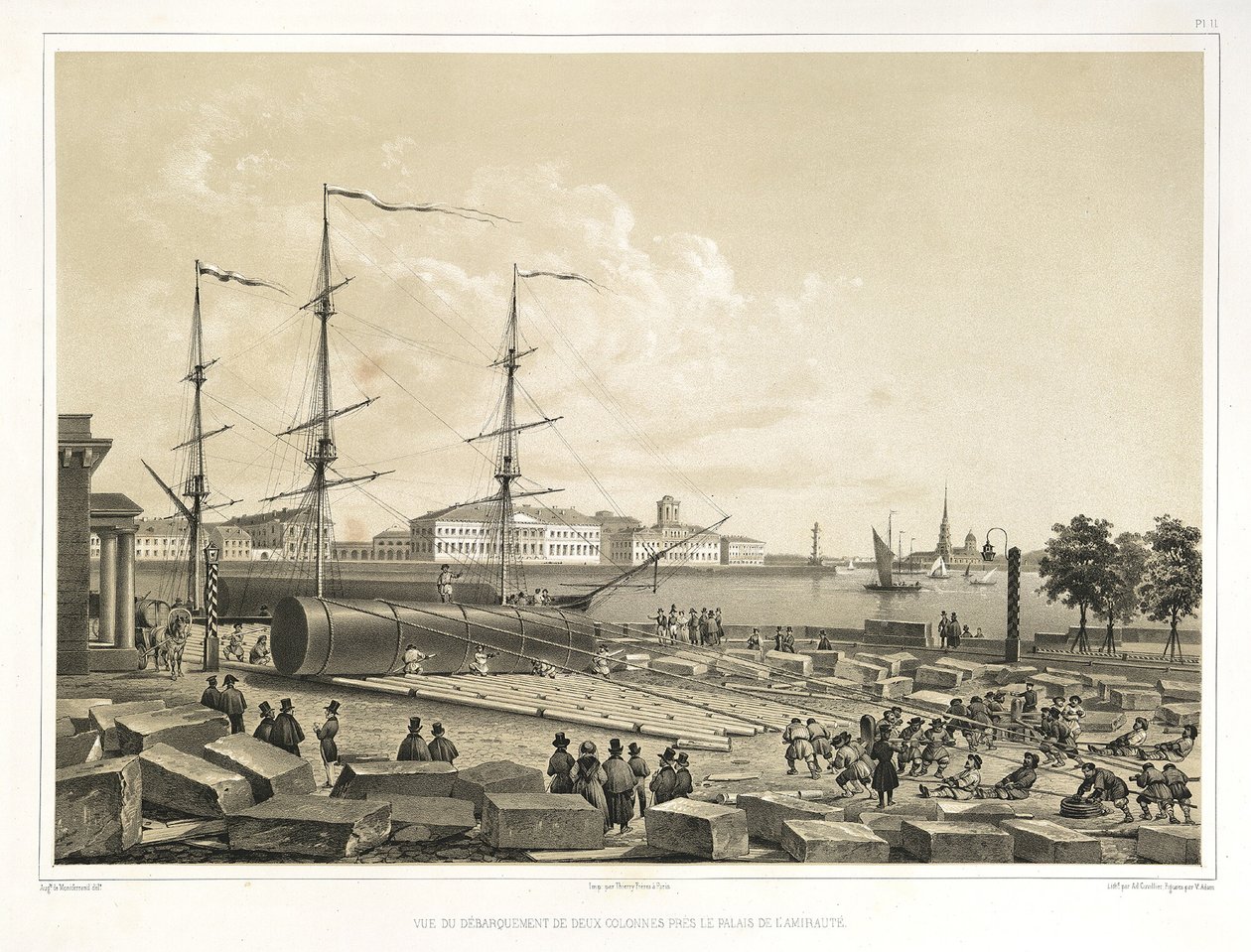 Entladen von zwei Säulen an der Admiralität Aus: Der Bau der Isaakskathedrale, 1845 von Auguste de Montferrand