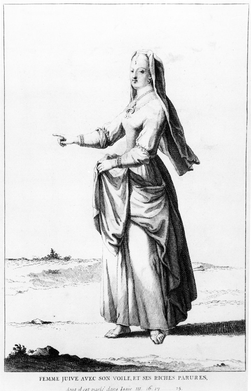 Französische Jüdin mit ihrem Schleier und ihrem reichen Schmuck, Illustration aus Dictionnaire Historique de la Bible, 1722 von Augustin Calmet