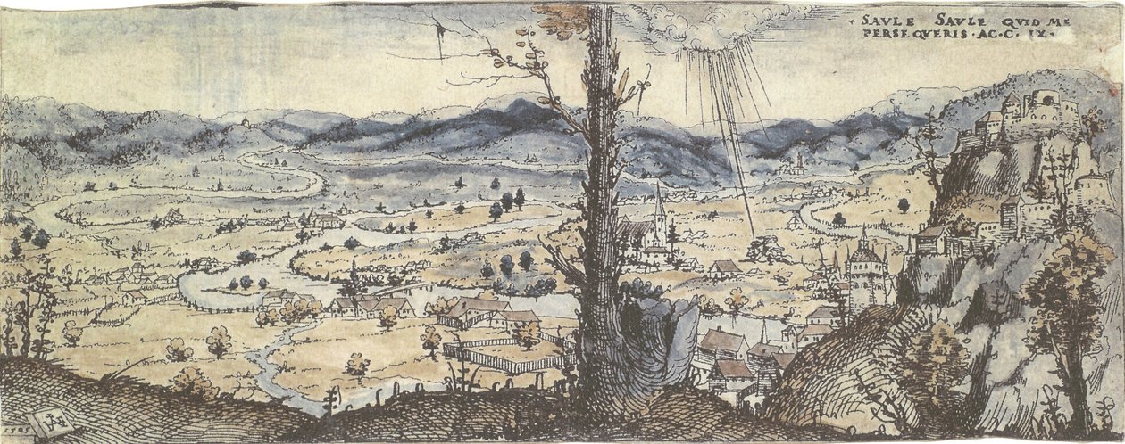 Weite, von einem Fluss durchzogene Landschaft. In der Ferne die Bekehrung Pauli von Augustin Hirschvogel