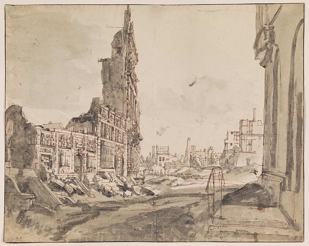 Blick auf die nordöstlichen und nordwestlichen Ecken des Grand Place nach dem Bombardement von 1695 von Augustin Coppens