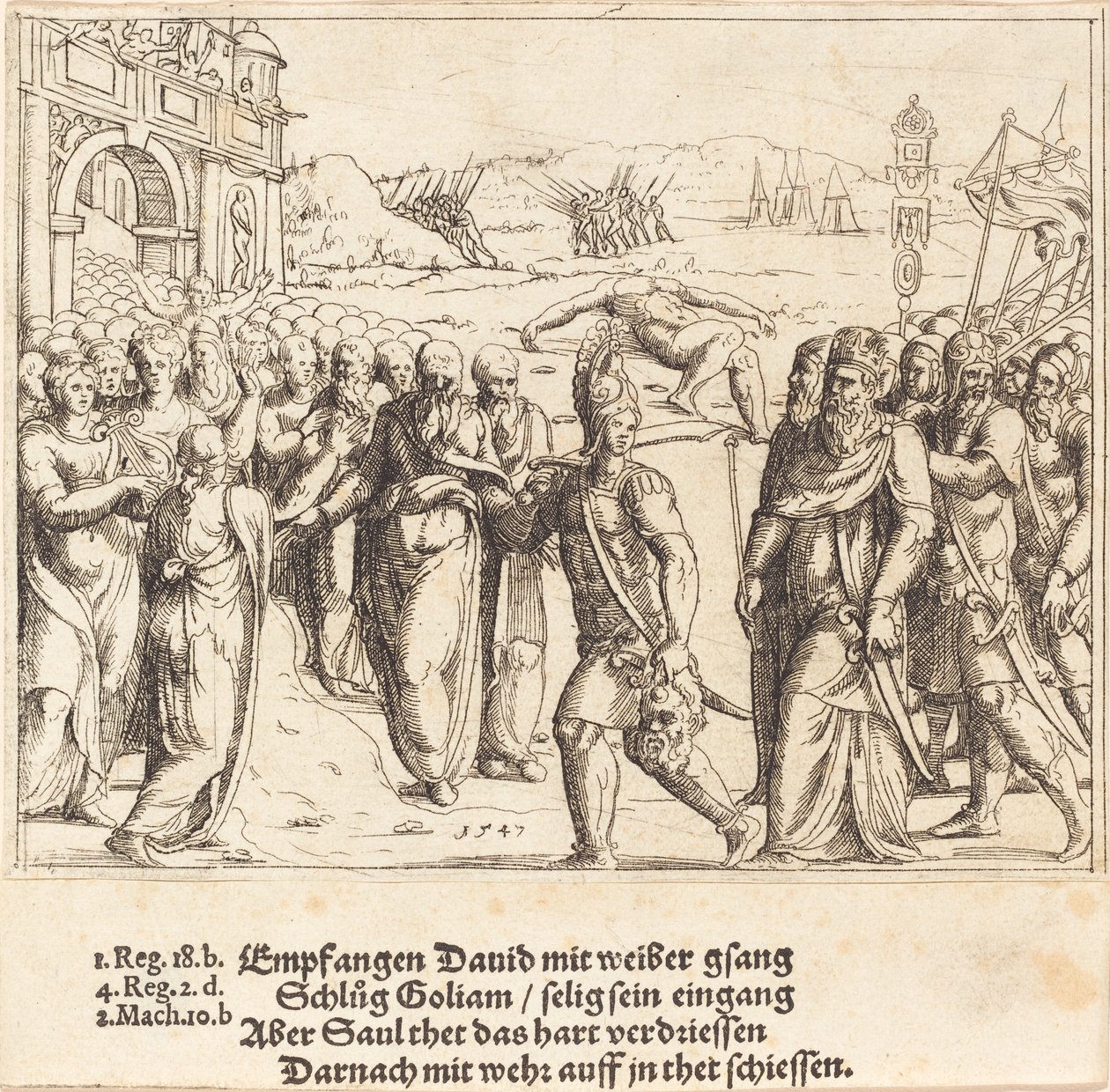 David wird nach dem Töten Goliaths begrüßt, und Sauls Eifersucht von Augustin Hirschvogel