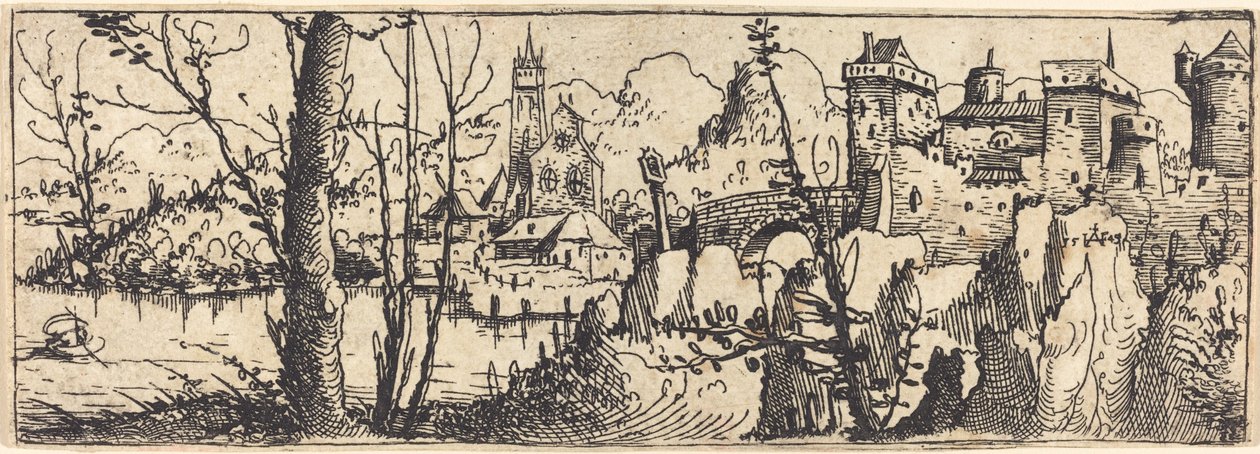 Landschaft mit Schloss rechts, umgeben von Felsen, 1546 von Augustin Hirschvogel