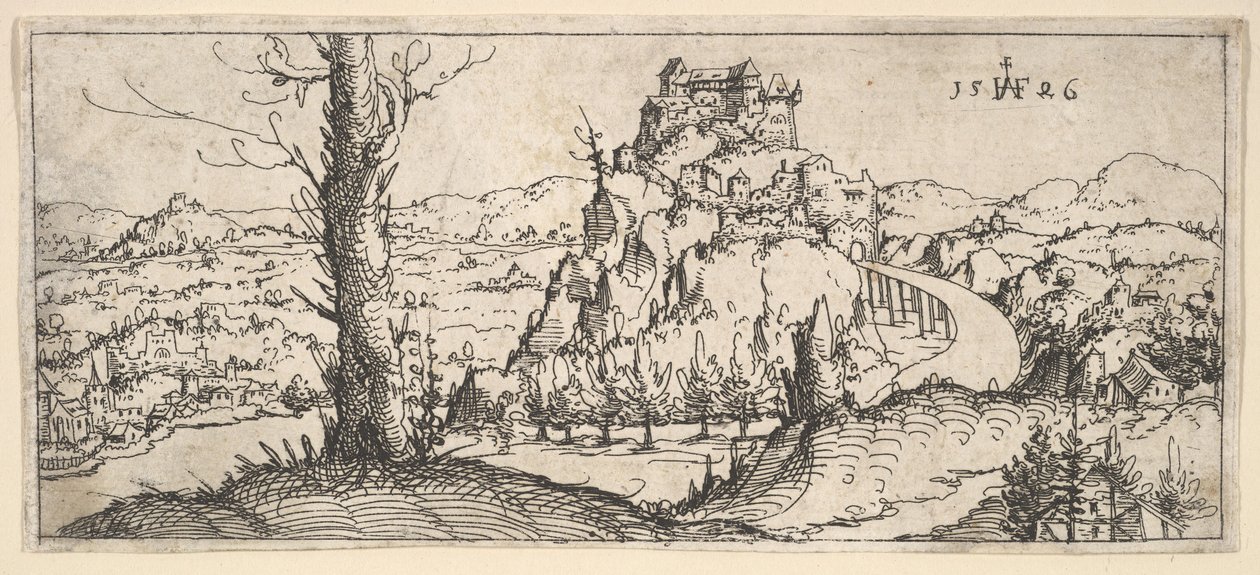 Landschaft mit hohen Felsen und Festungen, 1546 von Augustin Hirschvogel