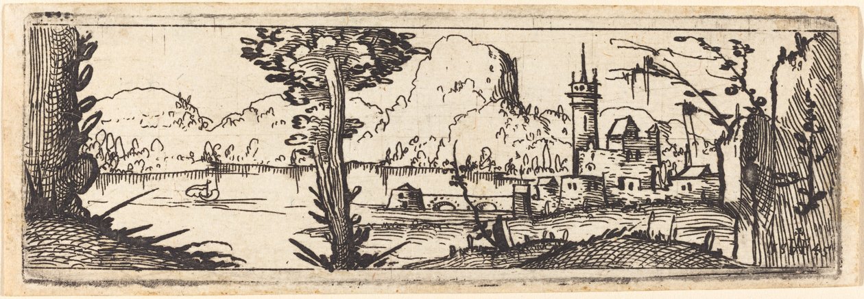 Landschaft mit See und Stadt von Augustin Hirschvogel