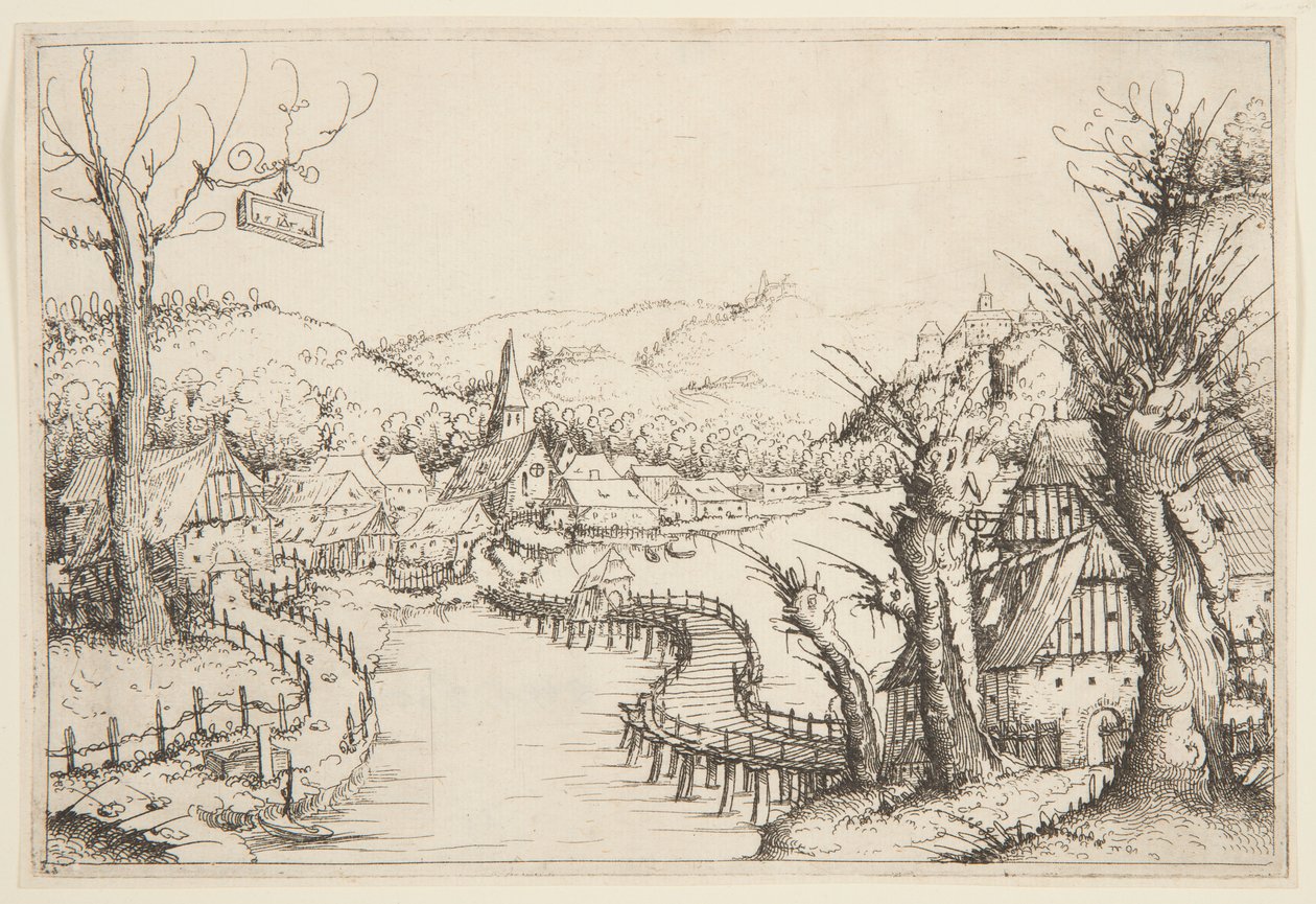 Landschaft mit einer gewundenen Holzbrücke von Augustin Hirschvogel