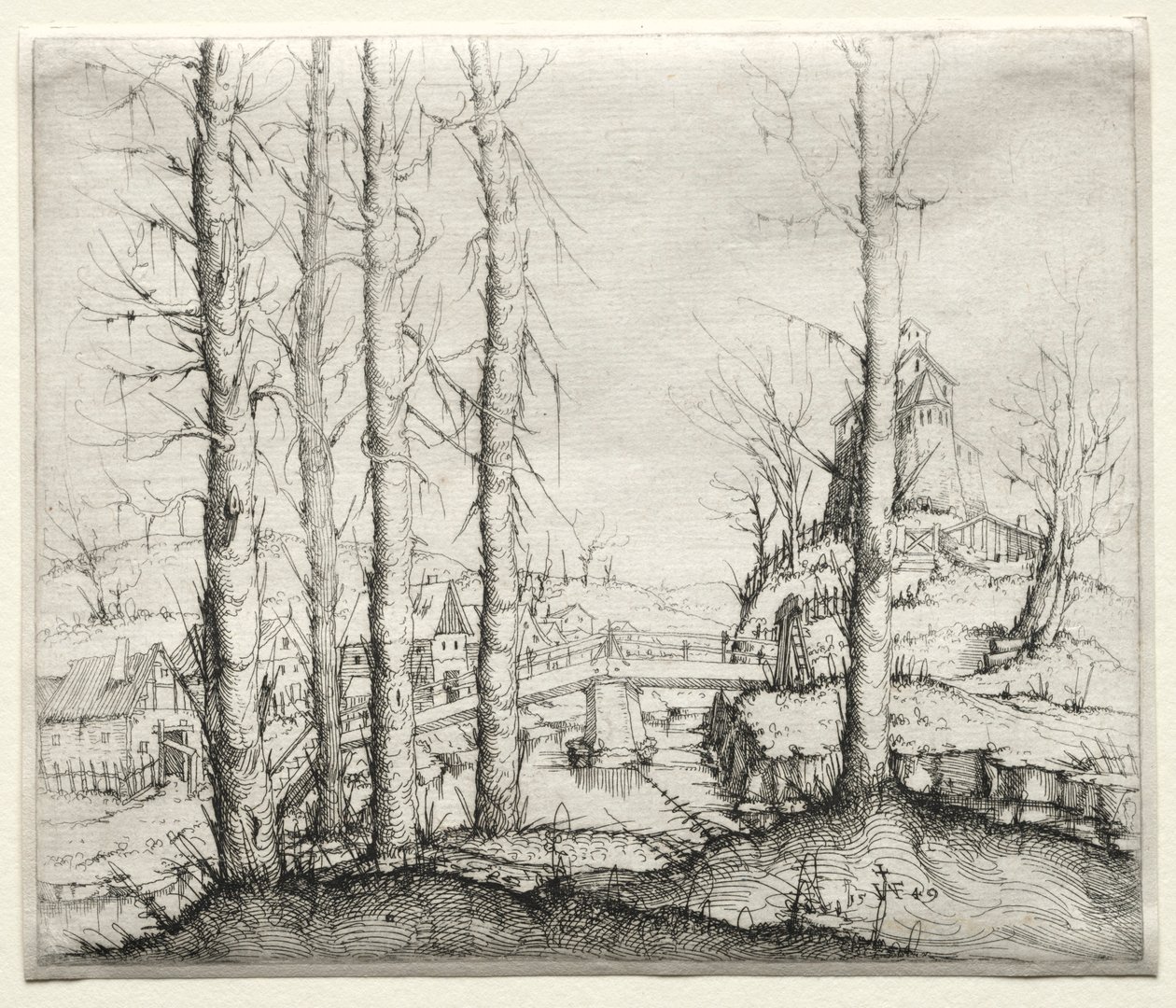 Flusslandschaft mit fünf kahlen Fichten im Vordergrund, 1549 von Augustin Hirschvogel