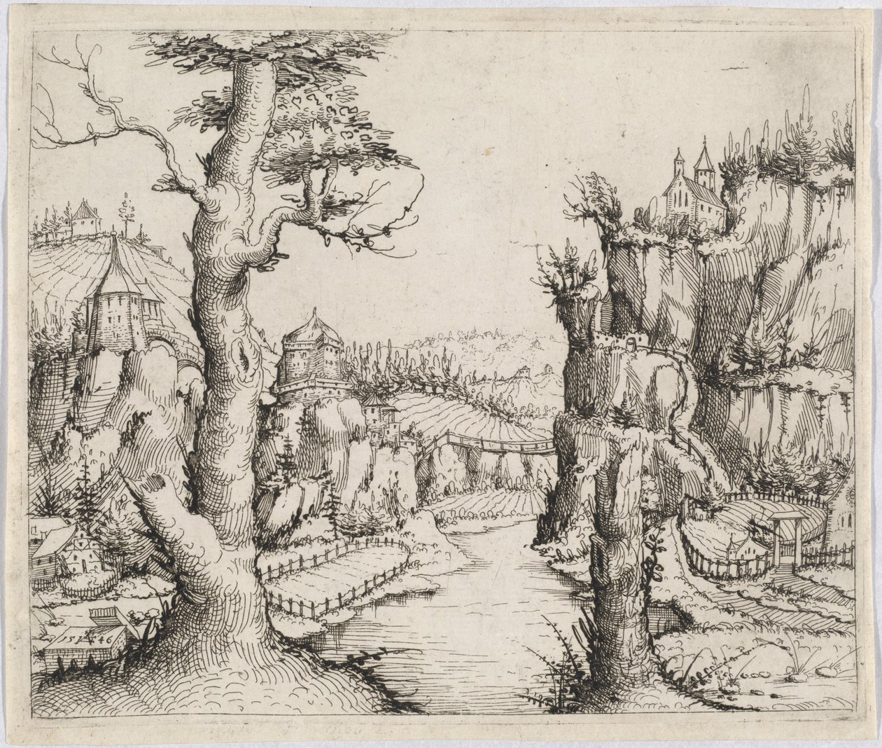 Flusslandschaft mit hohen Klippen von Augustin Hirschvogel