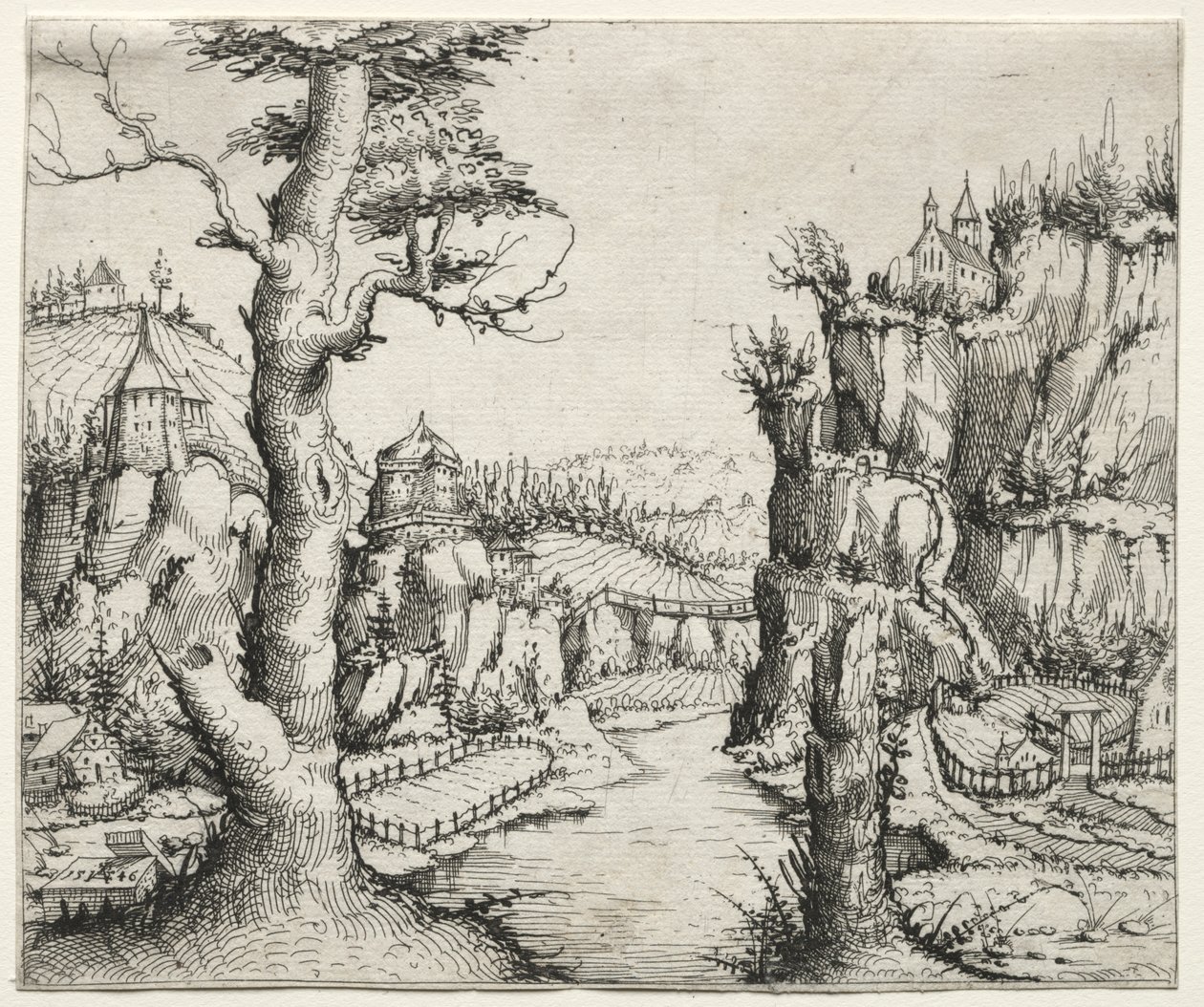 Flusslandschaft mit Felsen links und rechts von Augustin Hirschvogel