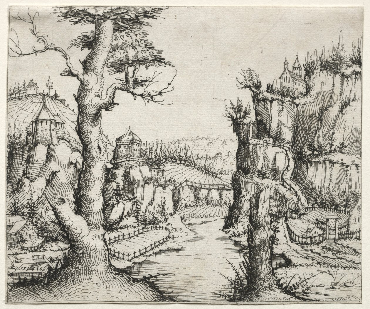 Flusslandschaft mit Felsen links und rechts, 1546 von Augustin Hirschvogel