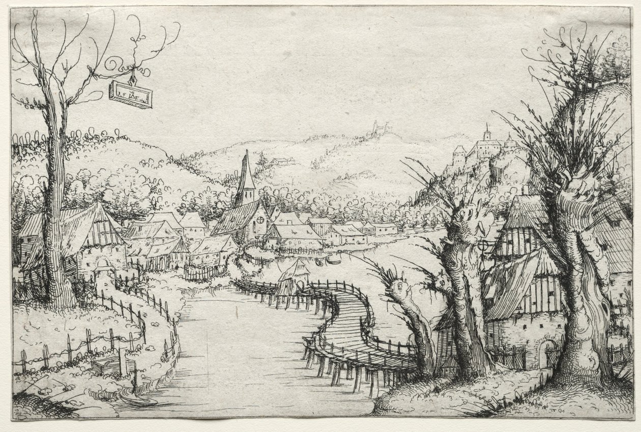 Flusslandschaft mit drei kahlen Weiden und einer langen, gewundenen Holzbrücke von Augustin Hirschvogel
