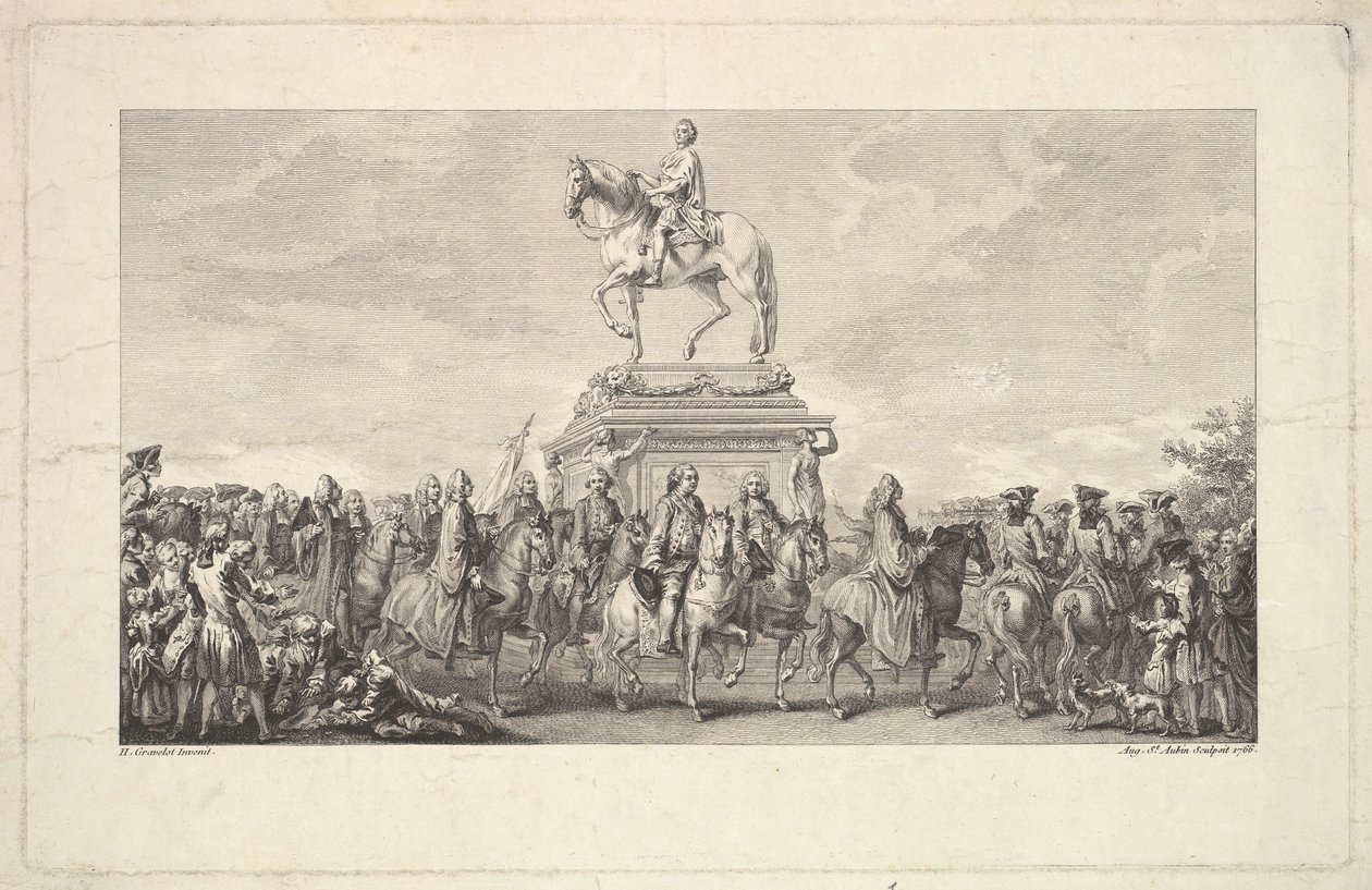 Die Einweihung der Statue von Ludwig XV., Vignette auf Seite 1, aus Beschreibung der Arbeiten, 1766 von Augustin de Saint Aubin
