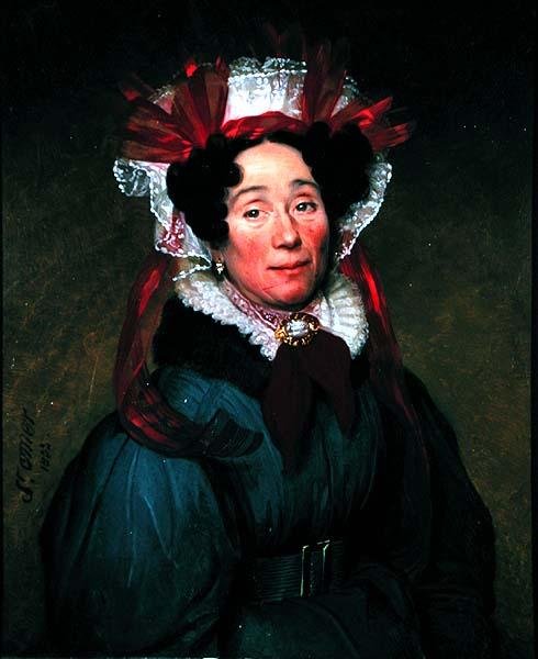Porträt einer Dame mit roter und weißer Haube von Augustine Cochet St. Omer