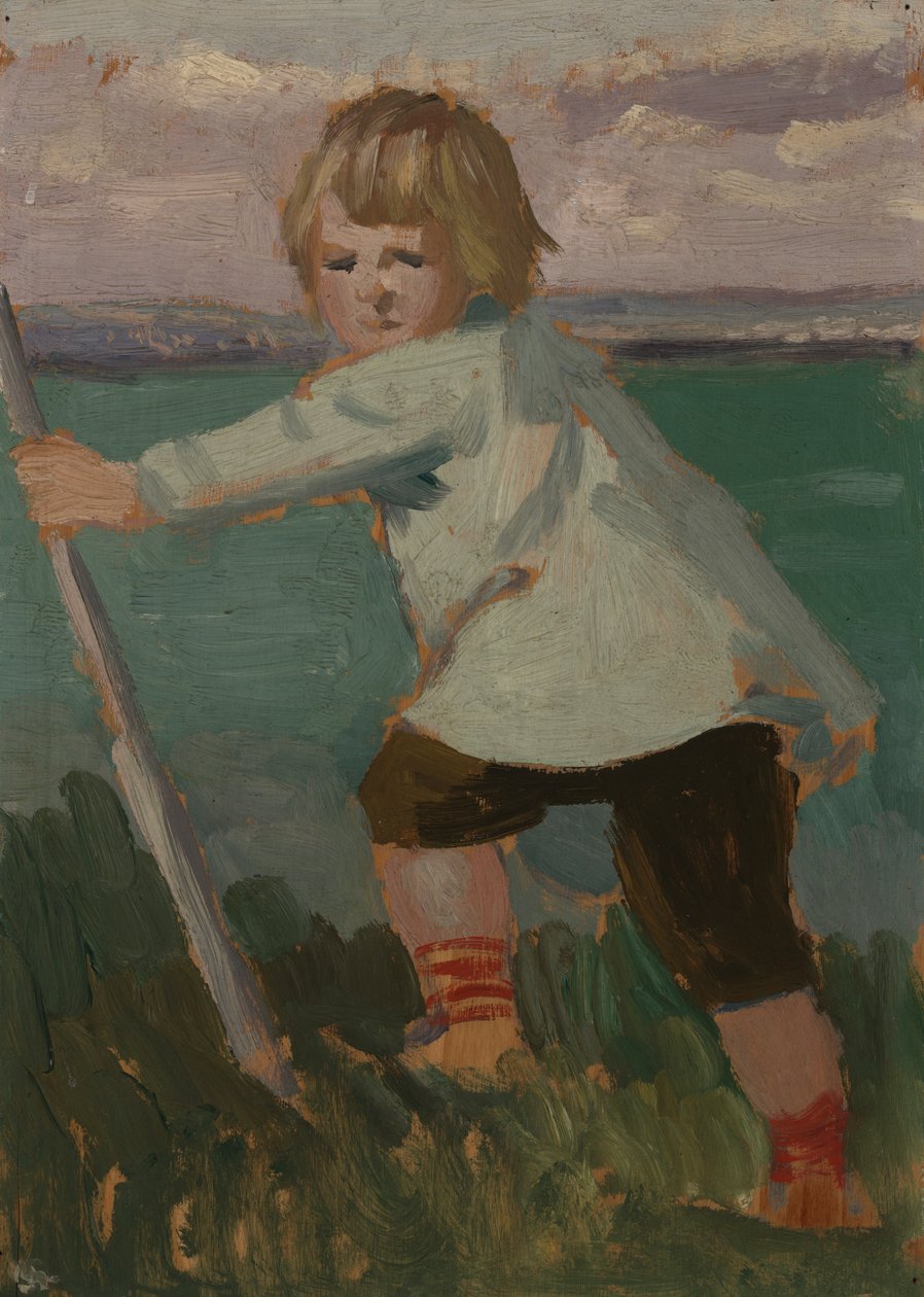 Junge auf einer Klippe, der sich auf einen Stock stützt von Augustus John