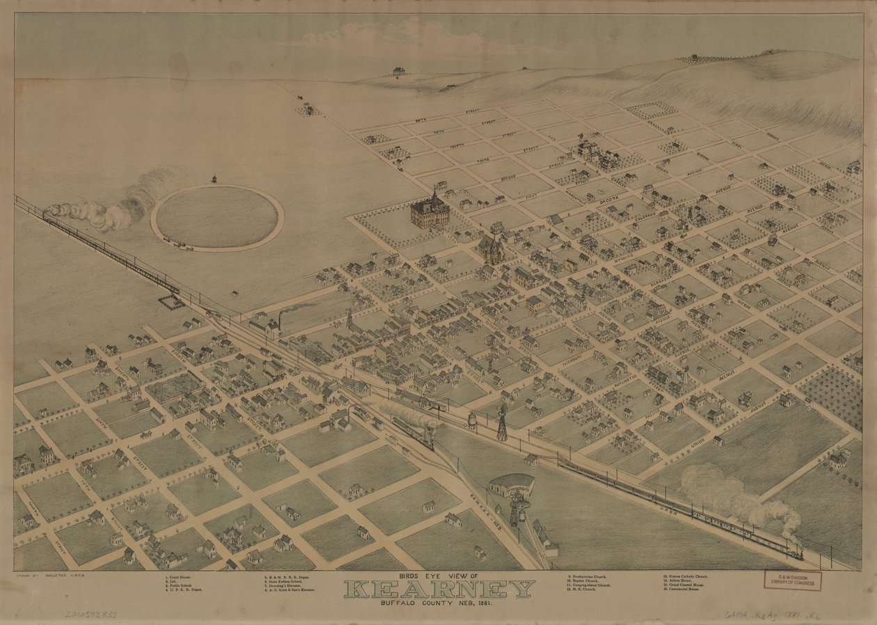 Vogelperspektive von Kearney, Buffalo County, Nebraska 1881 von Augustus Koch