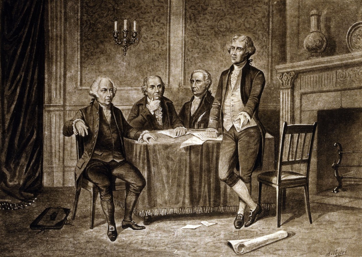 Führer des Kontinentalkongresses 1775: John Adams, Robert Morris, Alexander Hamilton, Thomas Jefferson, Zeichnung von Augustus Tholey (1894) von Augustus Tholey