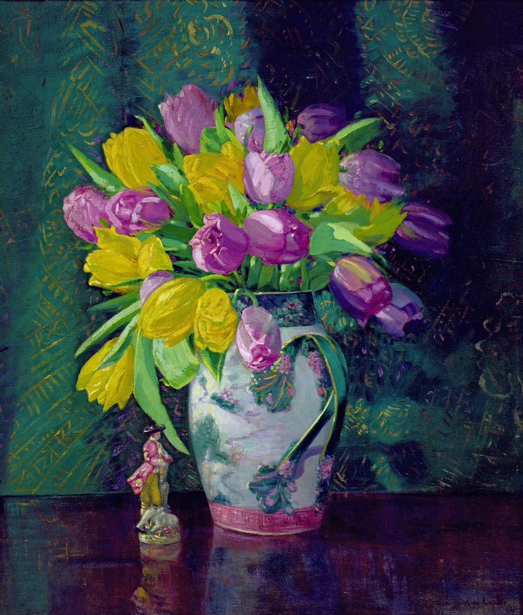Gelbe und mauvefarbene Tulpen in einer Vase von Augustus William Enness