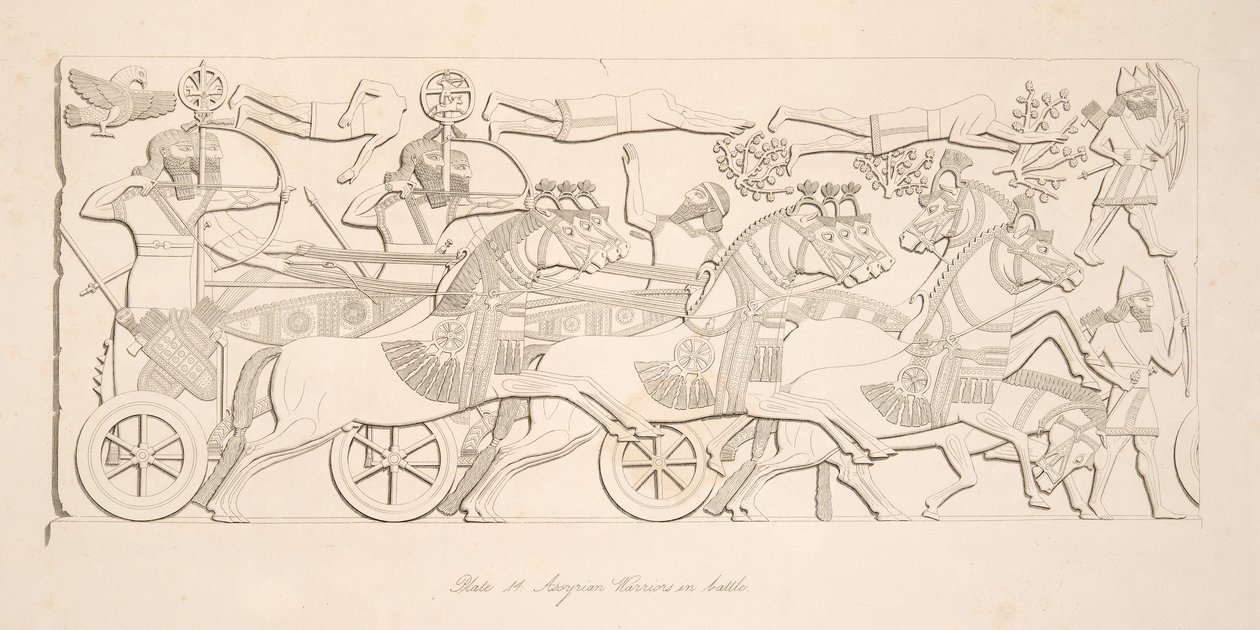 Assyrische Krieger im Kampf, aus Denkmäler von Ninive, veröffentlicht 1849 von Austen Henry Layard