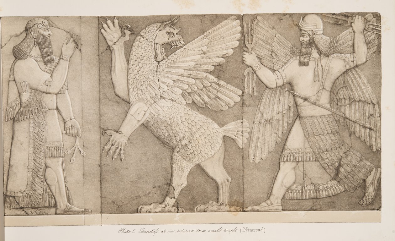 Basreliefs an einem Eingang zu einem kleinen Tempel (Nimrud), aus Denkmäler von Ninive, veröffentlicht 1849 von Austen Henry Layard