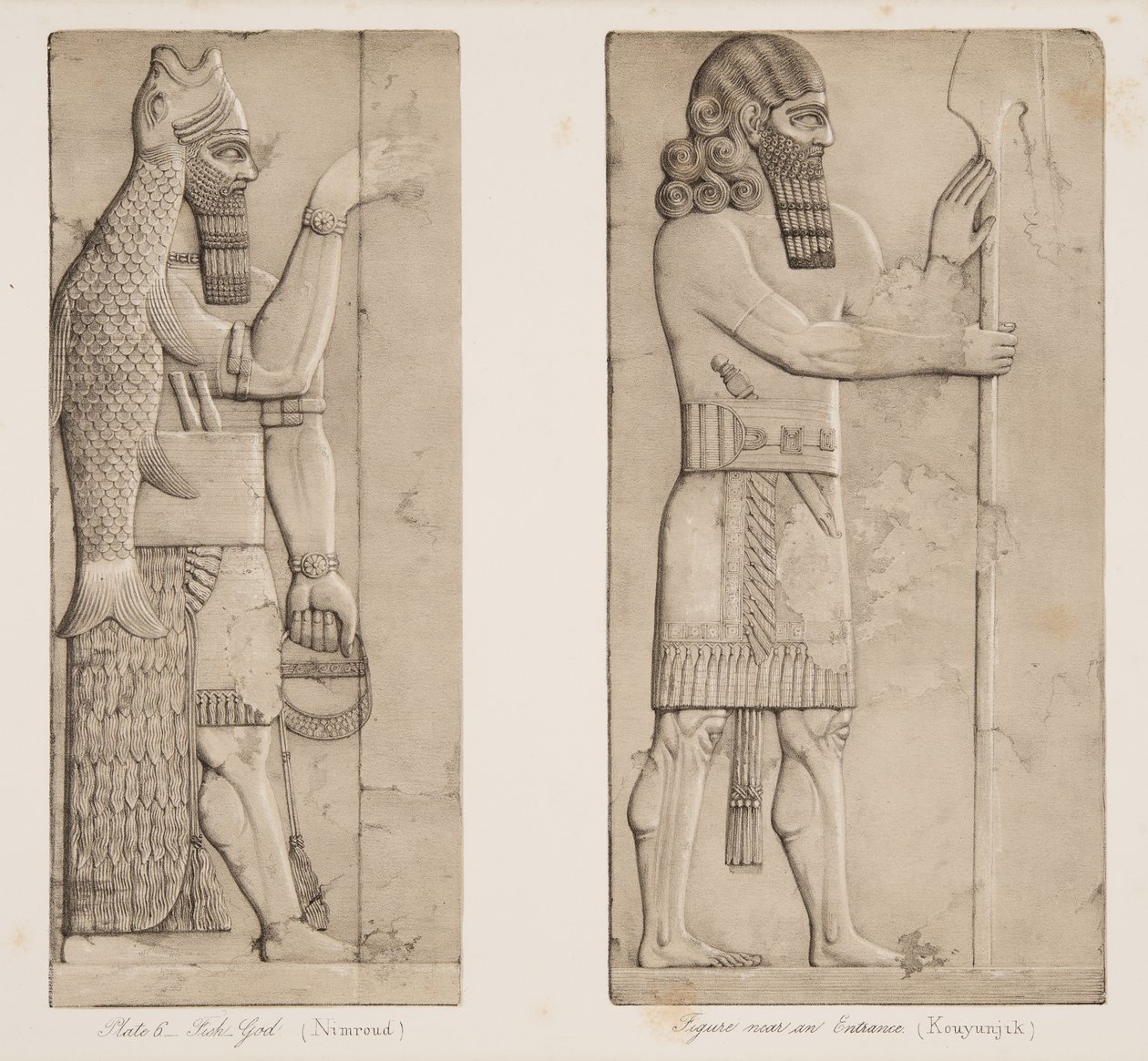 Fischgott (Nimrud) und Figur nahe einem Eingang (Kouyunjik), aus Denkmäler von Ninive, veröffentlicht 1849 von Austen Henry Layard