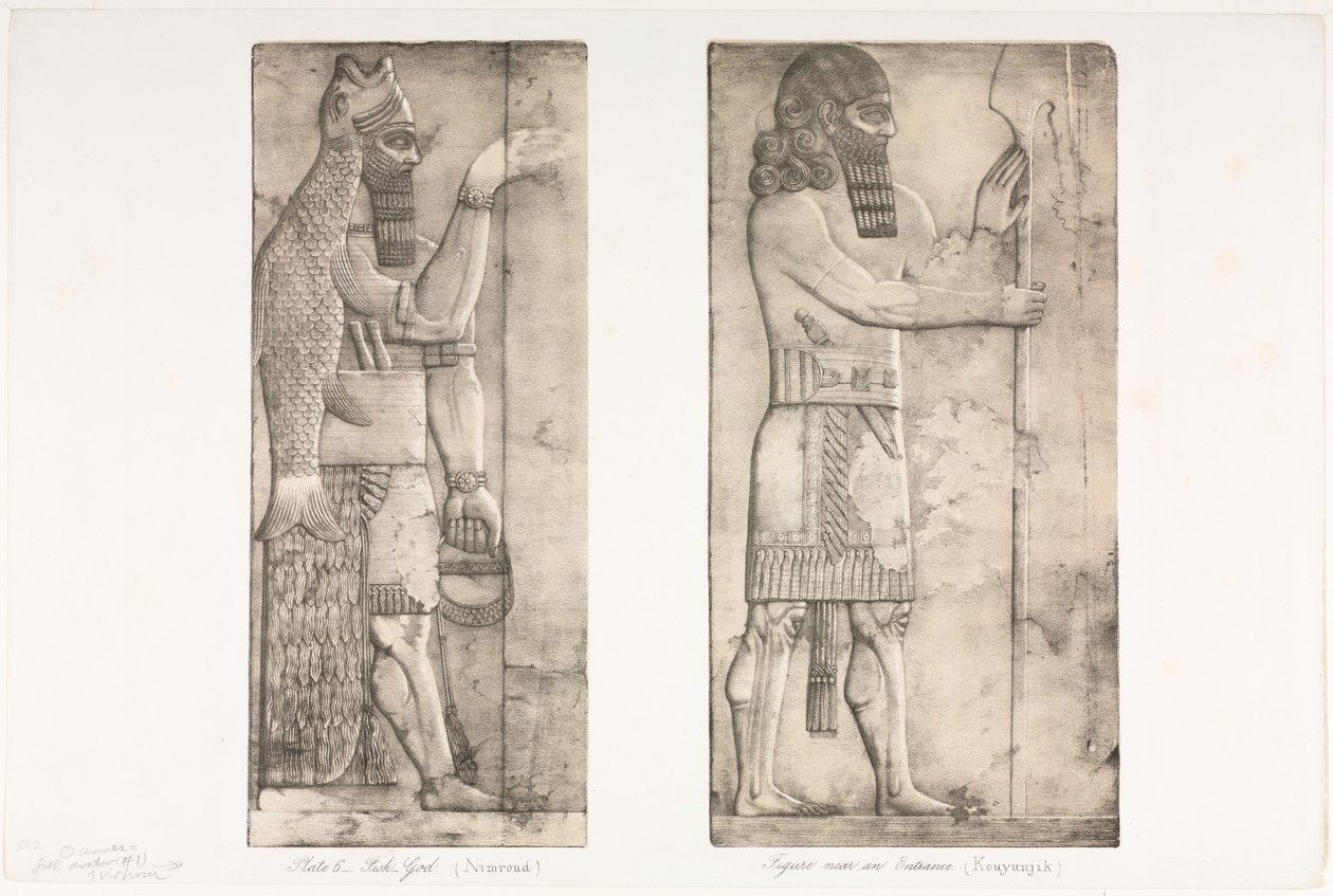Denkmäler von Ninive: Tafel 6, Fischgott (Nimrud); Figur in der Nähe eines Eingangs (Kouyunjik) von Austen Henry Layard