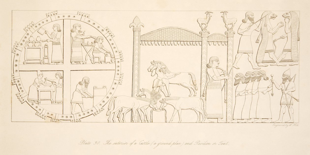 Das Innere einer Burg (ein Grundriss) und Pavillon oder Zelt, aus Denkmäler von Ninive, veröffentlicht 1849 von Austen Henry Layard