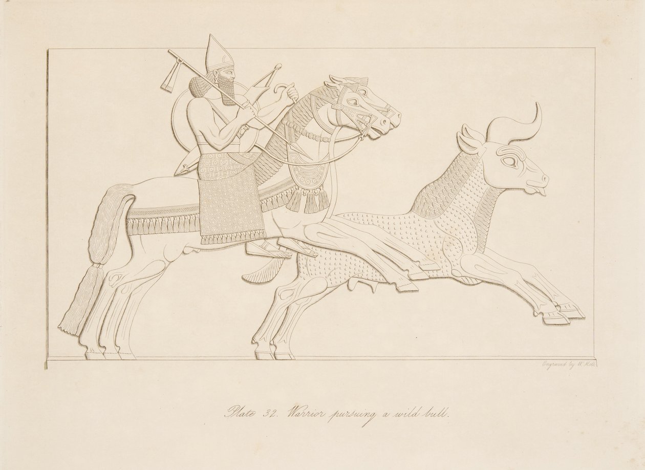 Krieger verfolgt einen wilden Stier, aus Denkmäler von Ninive, veröffentlicht 1849 von Austen Henry Layard