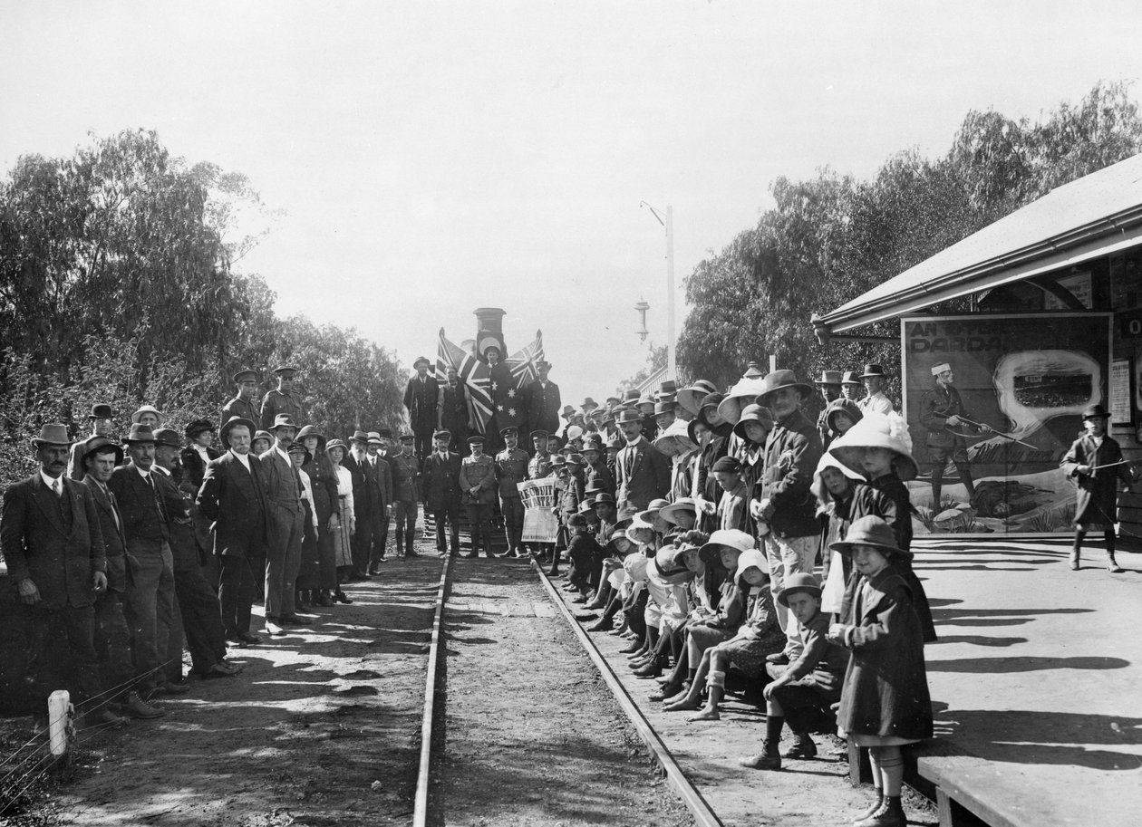 Ein Tournee-Rekrutierungszug am Bahnhof mit einigen Bürgern der Stadt (Spender Queensland Recruiting Committee), Wallumbilla, Queensland, ca. 1916 von Australian Photographer