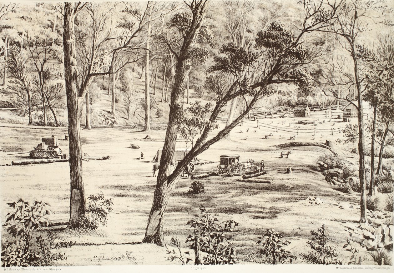 Hütte der freien Siedler, aus Die Geschichte von Australasien von David Blair, McGrady, Thomson und Niven, 1879 von Australian School