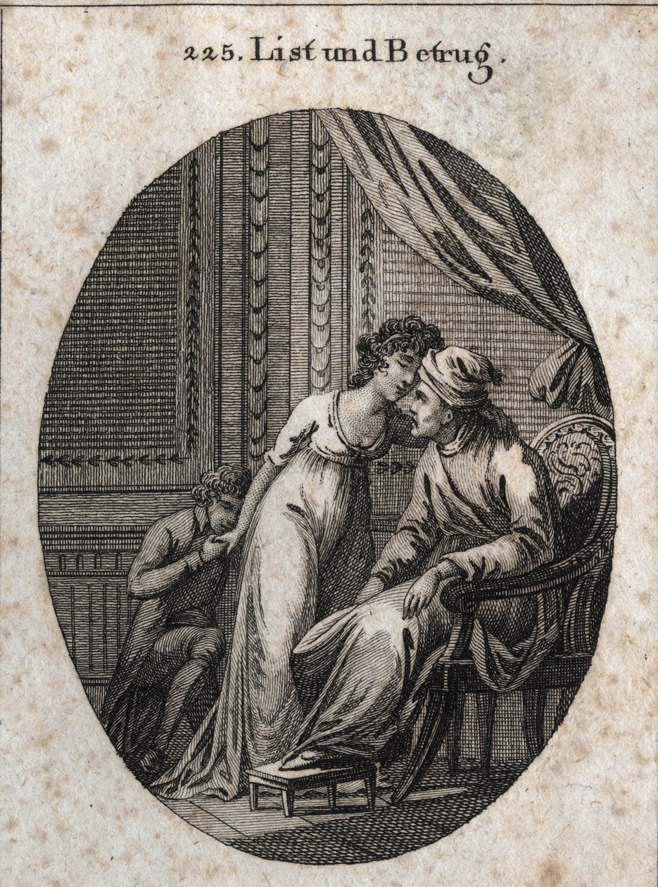 Allegorie von List und Täuschung. Ausdruck: Wer dir mehr Zärtlichkeiten als gewöhnlich gibt, hat dich entweder betrogen oder will dich täuschen. Gravur in 