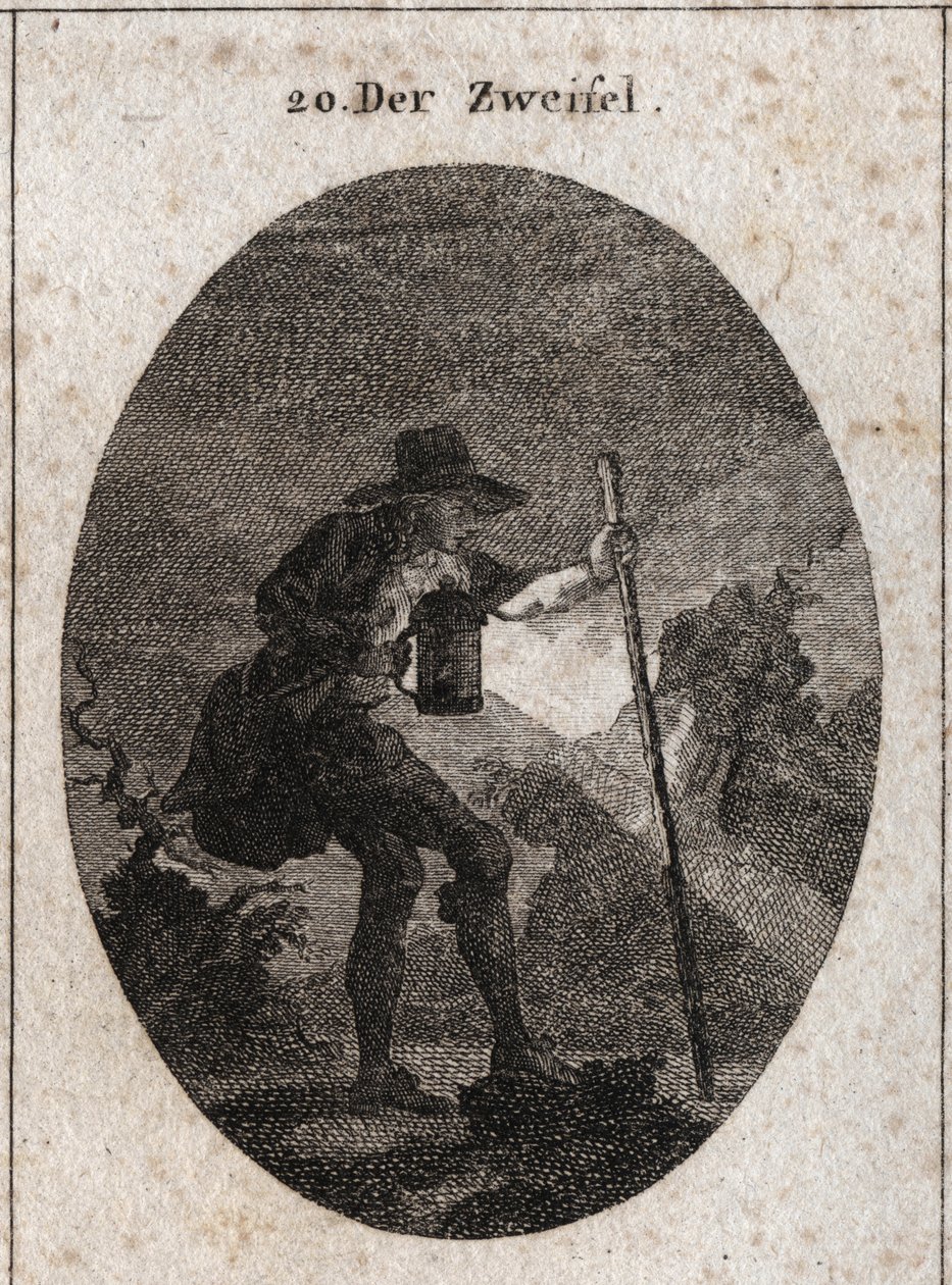 Allegorie des Zweifels, dargestellt durch einen jungen Mann, der mit einer Laterne durch die Dunkelheit geht und einem Boot hilft, seinen Weg durch mehrere mit Steinen gefüllte Pfade zu finden. Gravur in „Iconologie oder Ideen aus dem Gebiete der Leidensch von Austrian School