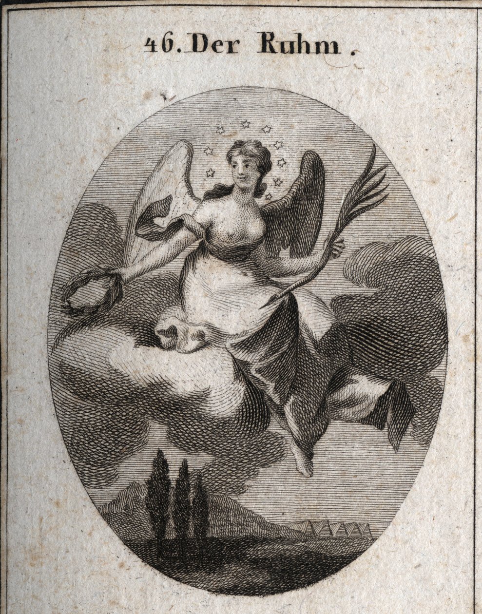 Allegorie des Ruhms auf einer Wolke. Sie hält eine Palme und präsentiert Lorbeerkränze, mit denen sie ihre Favoriten belohnt. Ihre Flügel markieren ihre Erhebung. Gravur in „Iconologie oder Ideen aus dem Gebiete der Leidenschaften und Allegorien bildlich d von Austrian School