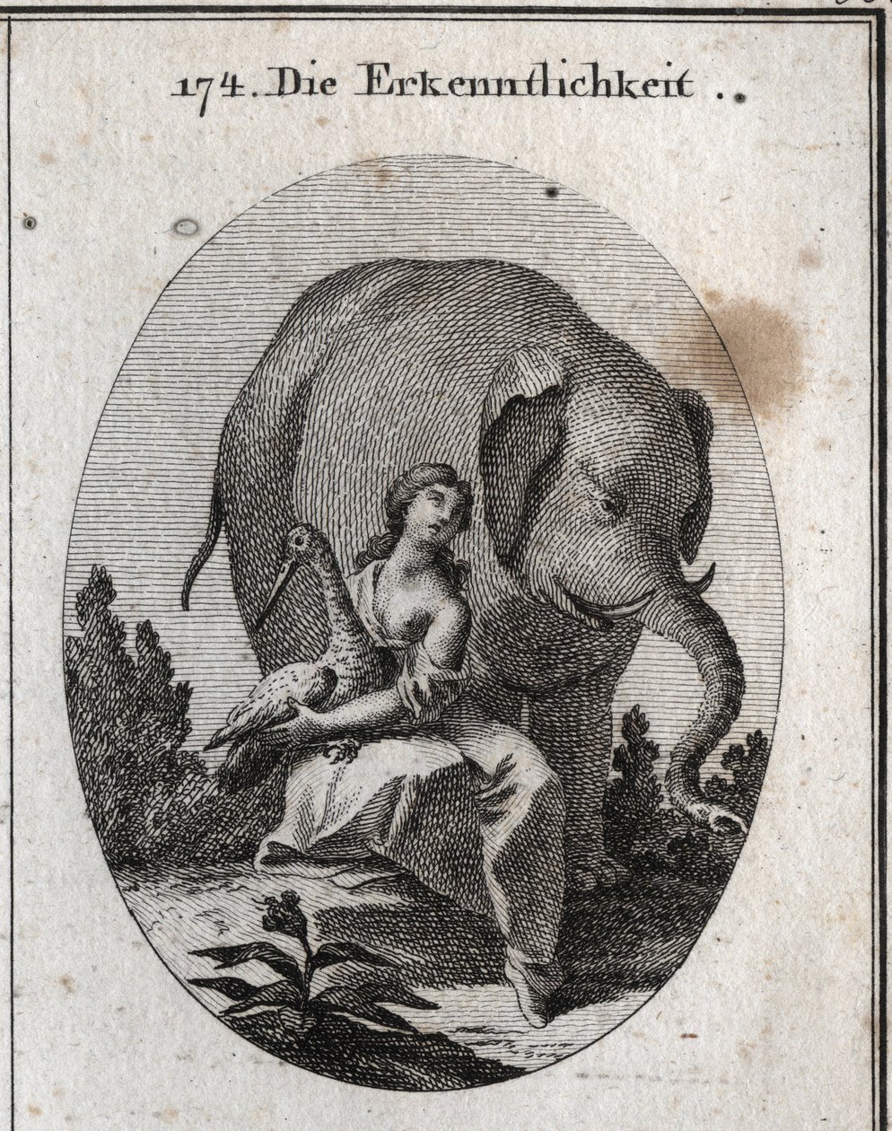 Allegorie der Dankbarkeit. Ihre Symbole sind der Storch, weil er seinen Eltern im Alter denselben Dienst erweist, den er in der Jugend erhalten hat, und der Elefant, weil er sehr dankbar ist und bereit ist, sein Leben zu riskieren, um für seinen Herrn zu k von Austrian School
