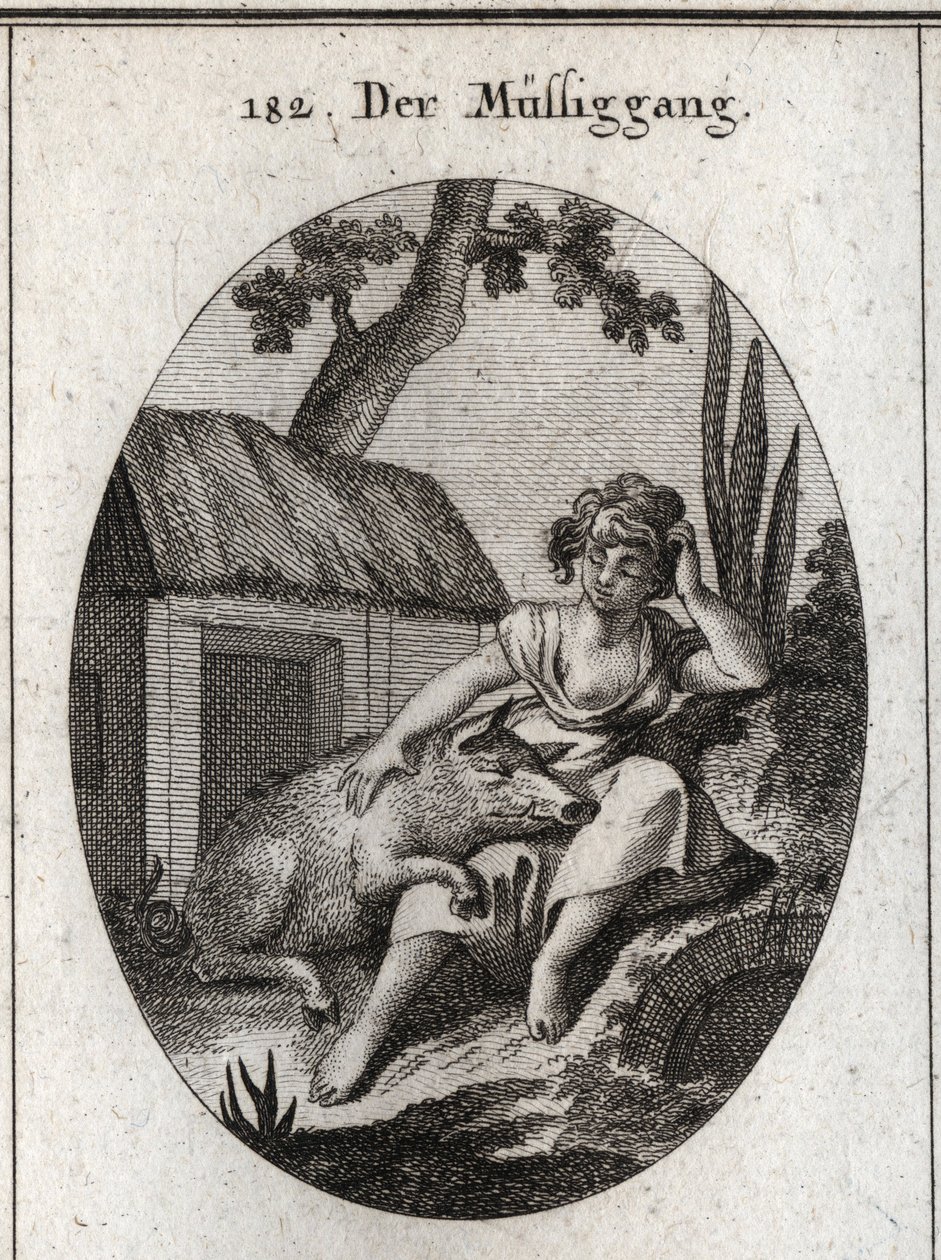 Allegorie der Faulheit, dargestellt durch eine halb schlafende Frau, die sich mit einer Hand am Kopf kratzt und mit der anderen auf einem Schwein ruht, das auf ihren Knien schläft. Gravur in „Iconologie oder Ideen aus dem Gebiete der Leidenschaften und All von Austrian School