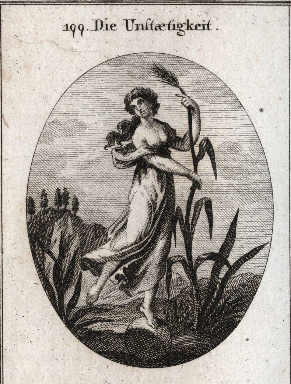 Allegorie der Instabilität, vom Wind aufgewühlt. Sie stützt sich mit beiden Händen auf ein zerbrechliches Schilfrohr und steht nur mit einem Fuß auf einem Ball. Gravur in „Iconologie oder Ideen aus dem Gebiete der Leidenschaften und Allegorien bildlich dar von Austrian School